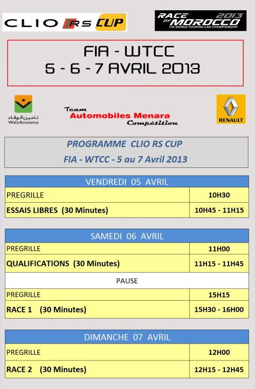 Programme des Epreuves "CLIO RS CUP" - Automobiles Menara